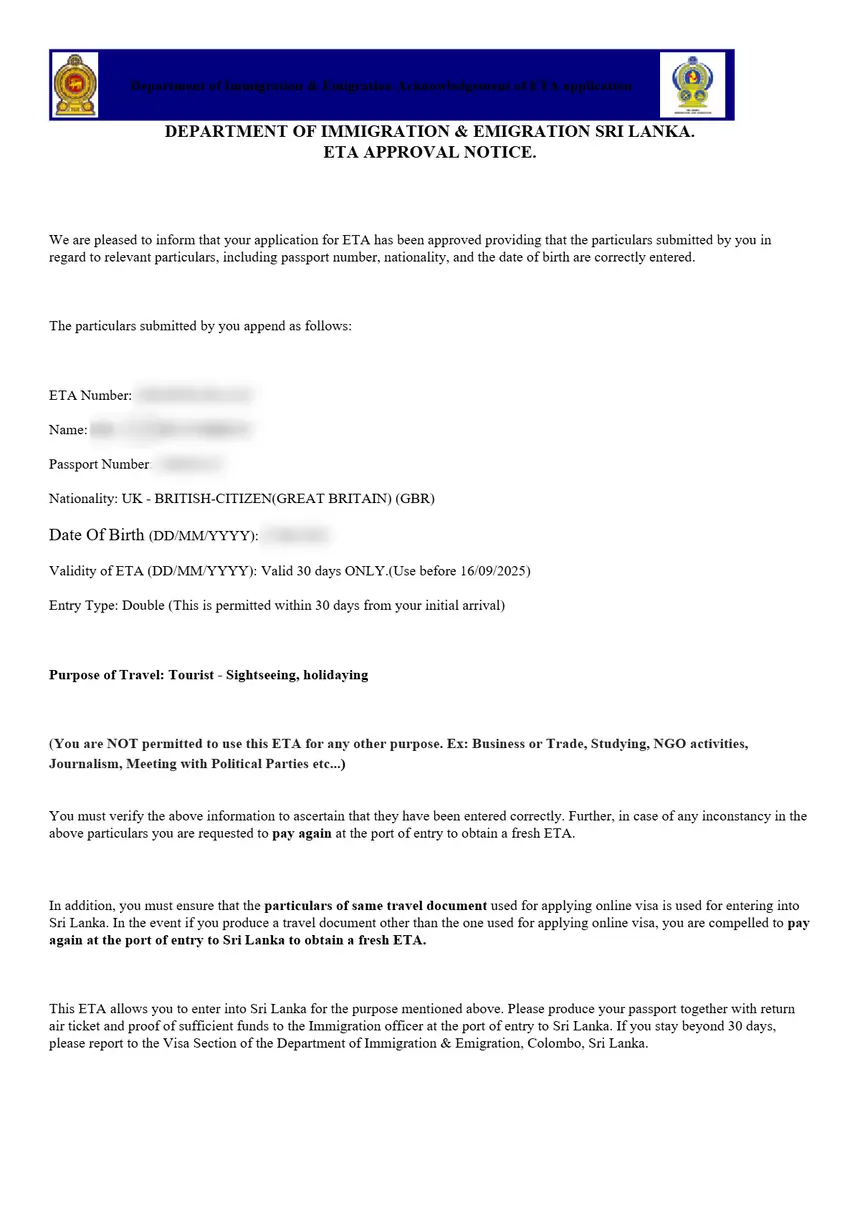 Sample Sri Lanka ETA Approval Notice